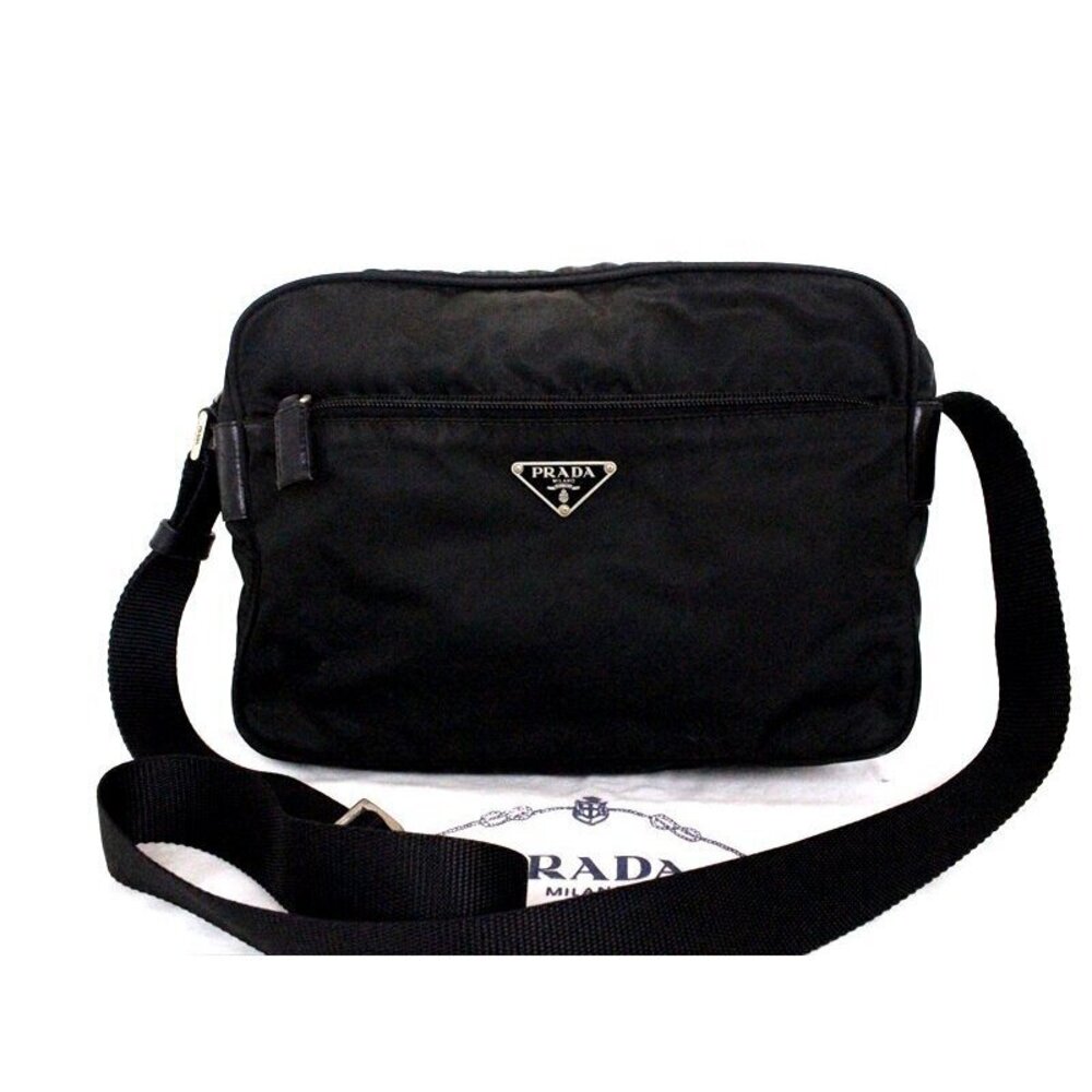 PRADA Camera Bag Shoulder Black Leather Tessuto